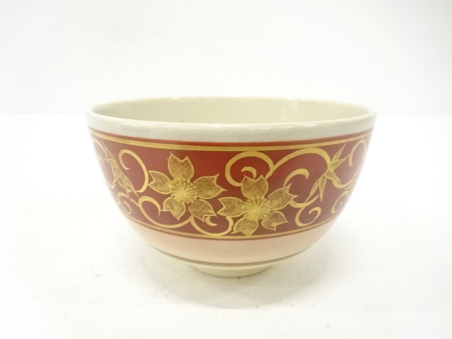 JAPANESE TEA CEREMONY / KYO WARE TEA CHAWAN / KINSAI IROE / FLOWER ARABESQUE / ARTISAN WORK